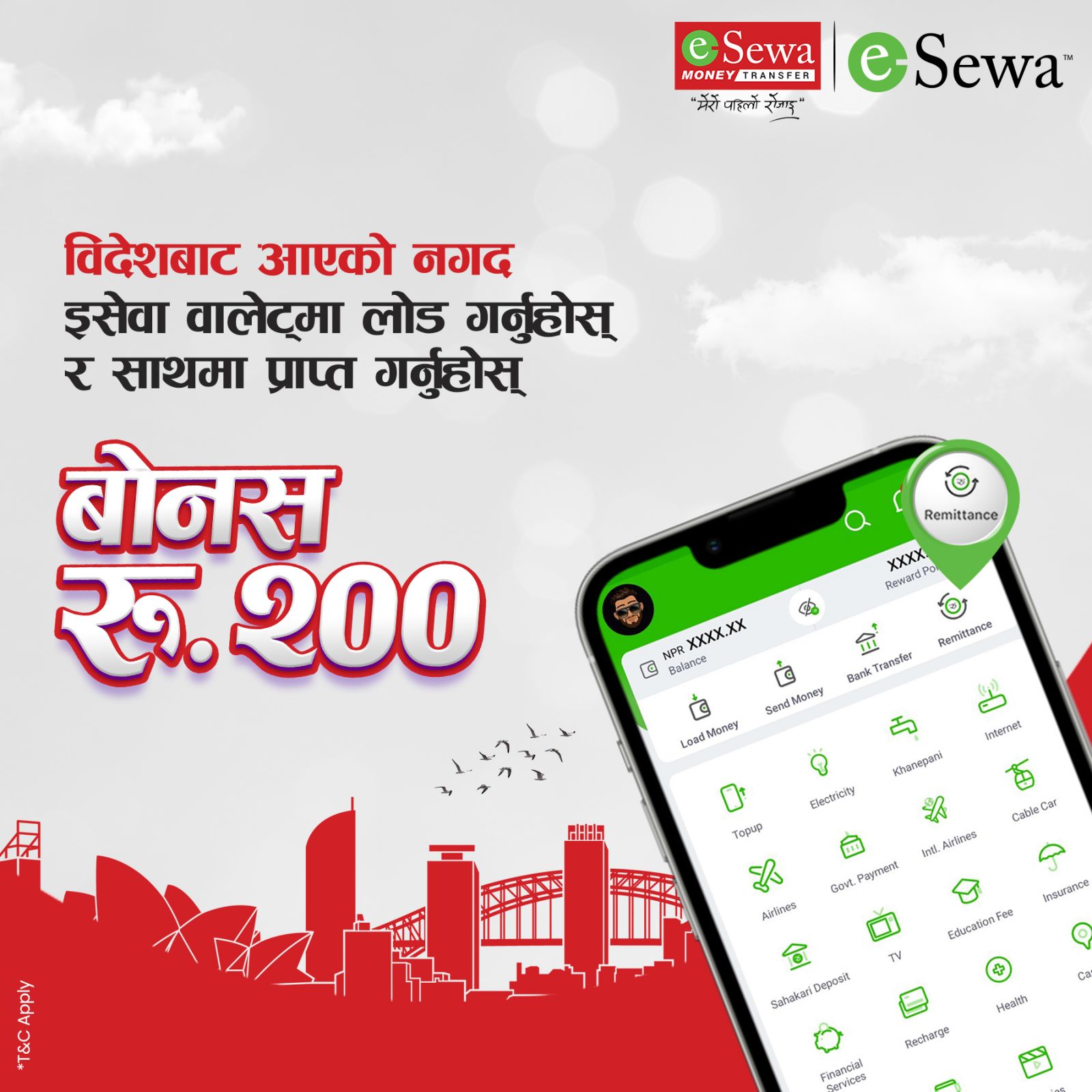 NPR. 200 Cashback on loading cash remittance into eSewa wallet. विदेशबाट आएको नगद रेमिट्यान्स इसेवा वालेटमा प्राप्त गर्दा रु. २०० बोनस। - Featured Image